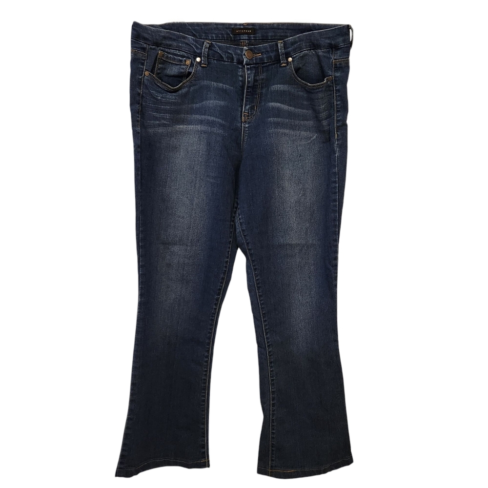 High Waisted Flare Jeans Women Size 16 Dark Wash Stretchy Tailored For 5'3
